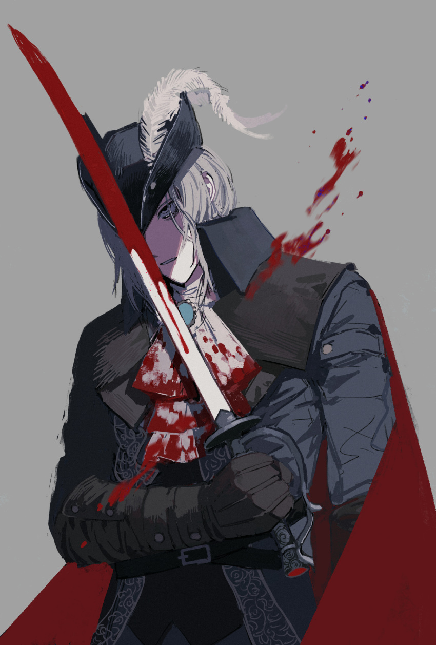 1girl, absurdres, blood, blood_on_clothes, blood_on_weapon, bloodborne, blue_eyes, feathers
