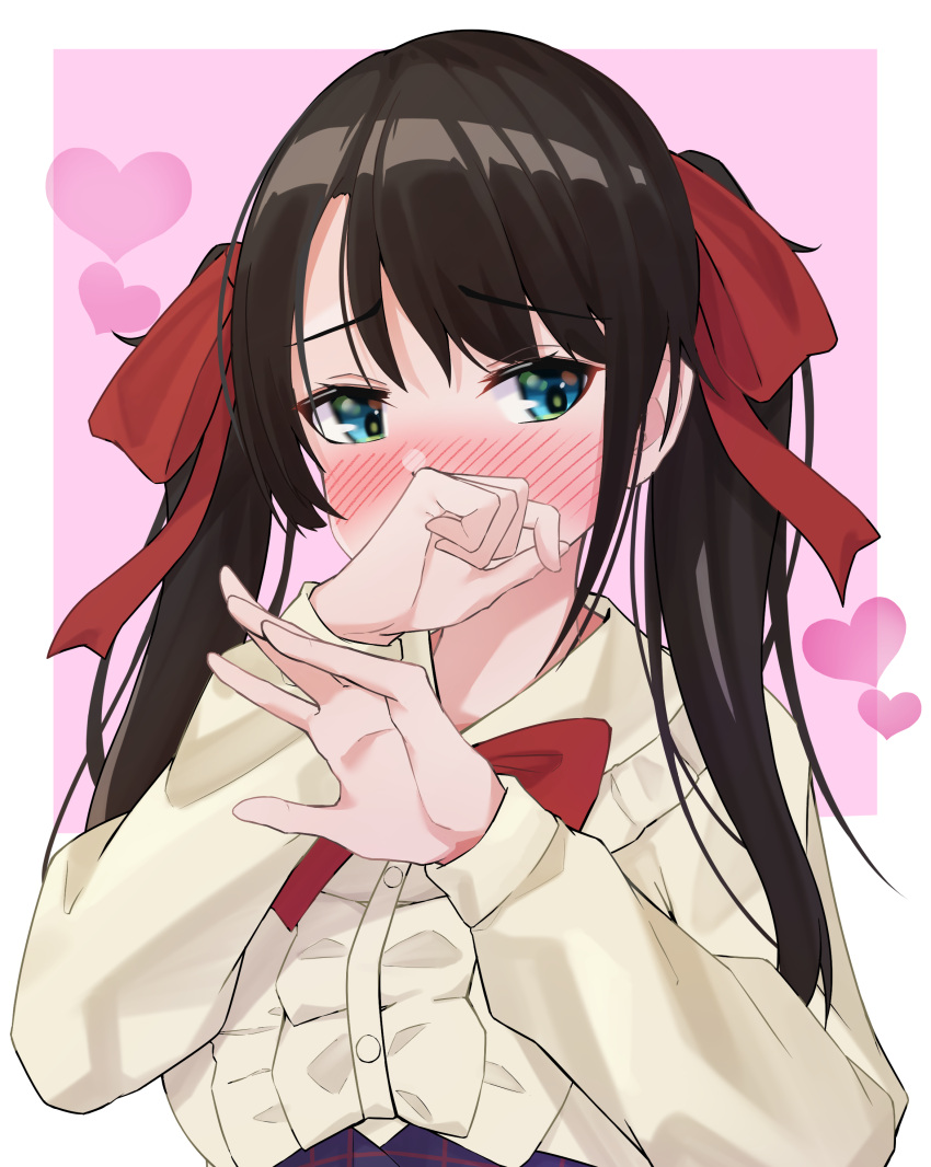 1girl, absurdres, black_hair, blue_eyes, blush, bow, center_frills, collared_shirt