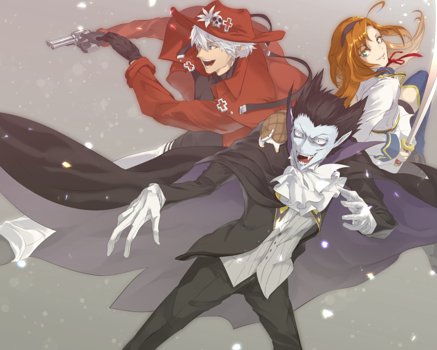 1girl, 2boys, animal_on_shoulder, armadillo, ascot, black_cape, black_gloves, black_hairband, black_pants, blue_eyes, blue_legwear, brown_hair, cape, colored_skin, draluc_(kyuuketsuki_sugu_shinu), fangs, gloves, green_eyes, grey_skin, grey_vest, gun, hairband, handgun, hat_ornament, hinaichi_(kyuuketsuki_sugu_shinu), holding, holding_sword, holding_weapon, jacket, john_(kyuuketsuki_sugu_shinu), kokusuga, kyuuketsuki_sugu_shinu, long_sleeves, looking_back, multiple_boys, pants, red_headwear, red_jacket, ronaldo_(kyuttetsuki_sugu_shinu), spiky_hair, sword, thigh-highs, vampire, vest, weapon, white_gloves, white_neckwear, white_pants