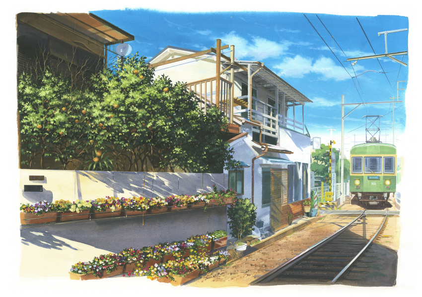 balcony, building, clouds, day, enoshima_electric_railway, flower, ground_vehicle, highres