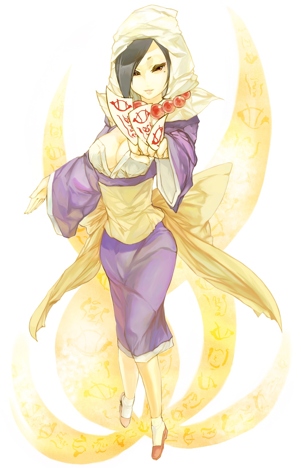 breasts, brown_eyes, cleavage, highres, hood, japanese_clothes, kimono, mole, okami, rao, solo, xero
