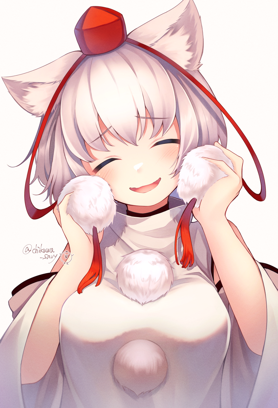 1girl, animal_ears, bare_shoulders, blush, breasts, chikuwa_savy, closed_eyes, detached_sleeves