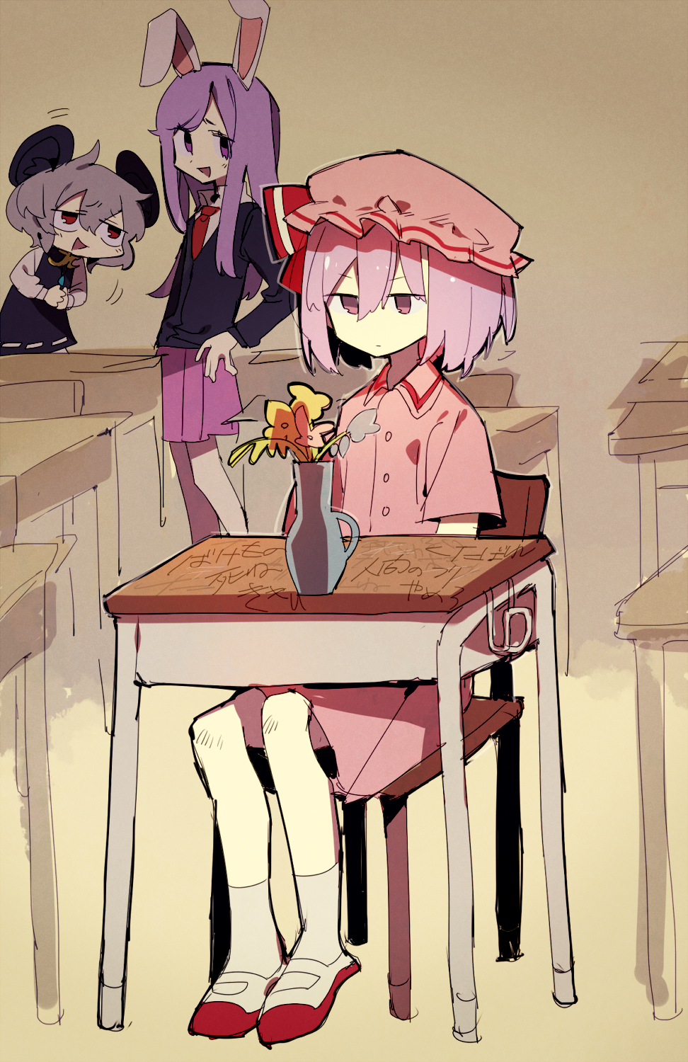 3girls, animal_ears, bangs, blazer, bobo_(nicoseiga29478507), bullying, chair, closed_mouth, collared_dress, collared_shirt, commentary, cookie_(touhou), crystal, desk, dress, expressionless, flower, full_body, grey_hair, grey_skirt, grey_vest, hair_between_eyes, hat, highres, hisaka_(cookie), hisui_(cookie), jacket, jewelry, laughing, long_hair, long_sleeves, looking_at_another, mob_cap, mouse_ears, multiple_girls, nazrin, nyon_(cookie), open_mouth, pendant, pink_dress, pink_headwear, pink_skirt, purple_hair, red_eyes, red_necktie, reisen_udongein_inaba, remilia_scarlet, school_desk, shirt, short_hair, sitting, skirt, standing, swept_bangs, touhou, vase, vest, violet_eyes, white_shirt