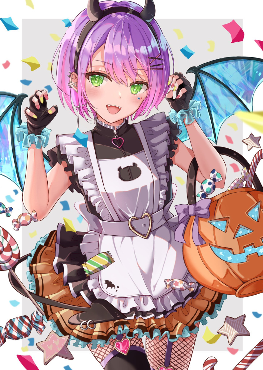 1girl, :d, apron, bangs, black_dress, black_gloves, black_hairband, black_legwear