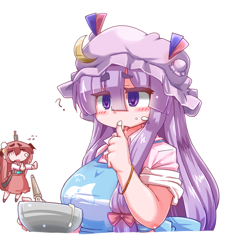 ?, alternate_costume, aoihitsuji, apron, bangs, bat_wings, blue_apron, blunt_bangs