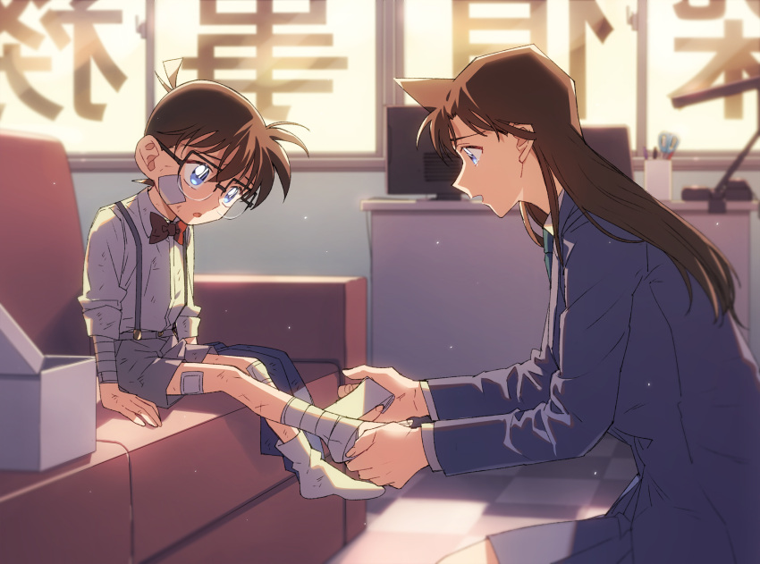 1boy, 1girl, age_difference, applying_bandages, bandage_on_face, bandage_on_knee, bandaged_arm, bandaged_leg