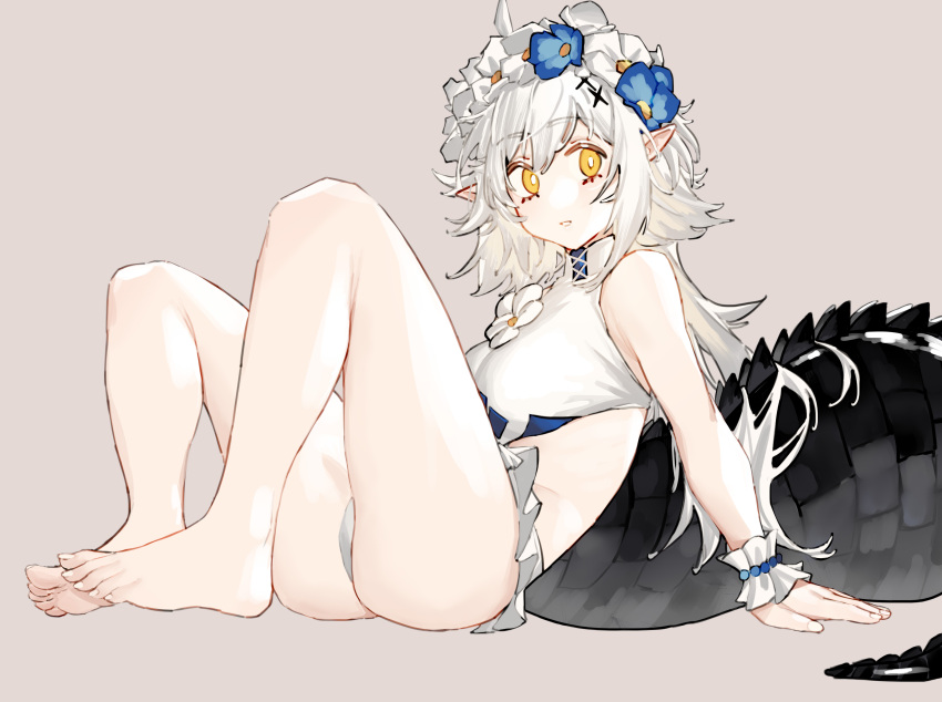 1girl, absurdres, arknights, arm_support, bare_legs, barefoot, bikini, blue_flower