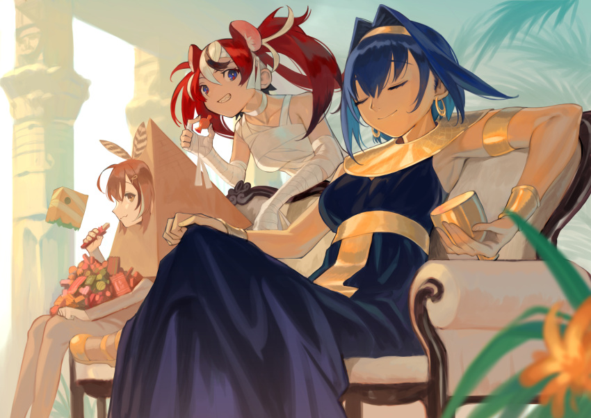 3girls, animal_ears, bandages, black_hair, blue_eyes, blue_hair, brown_eyes, brown_hair, candy, closed_eyes, closed_mouth, couch, earrings, egyptian_clothes, eyebrows_visible_through_hair, feather_hair_ornament, feathers, food, friend_(nanashi_mumei), hair_ornament, hakos_baelz, highres, holding, holding_candy, holding_food, hololive, hololive_english, hoop_earrings, jewelry, lostastronaut, medium_hair, mouse_ears, multicolored_hair, multiple_girls, mummy_costume, naked_bandage, nanashi_mumei, on_couch, ouro_kronii, parted_lips, redhead, short_hair, sitting, smile, teeth, virtual_youtuber