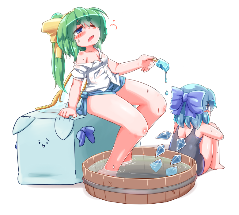 2girls, alternate_costume, aoihitsuji, bangs, black_swimsuit, blue_bow, blue_eyes, blue_hair, blue_shorts, bow, breasts, bucket, cirno, collared_shirt, commentary_request, daiyousei, eyebrows_visible_through_hair, fairy_wings, food, full_body, green_hair, hair_bow, hot, ice, ice_wings, long_hair, melting, multiple_girls, off_shoulder, one-piece_swimsuit, one_eye_closed, open_mouth, ponytail, popsicle, puffy_short_sleeves, puffy_sleeves, shirt, short_hair, short_sleeves, shorts, simple_background, sitting, small_breasts, swimsuit, touhou, wading, water, white_background, white_shirt, wings, yellow_bow