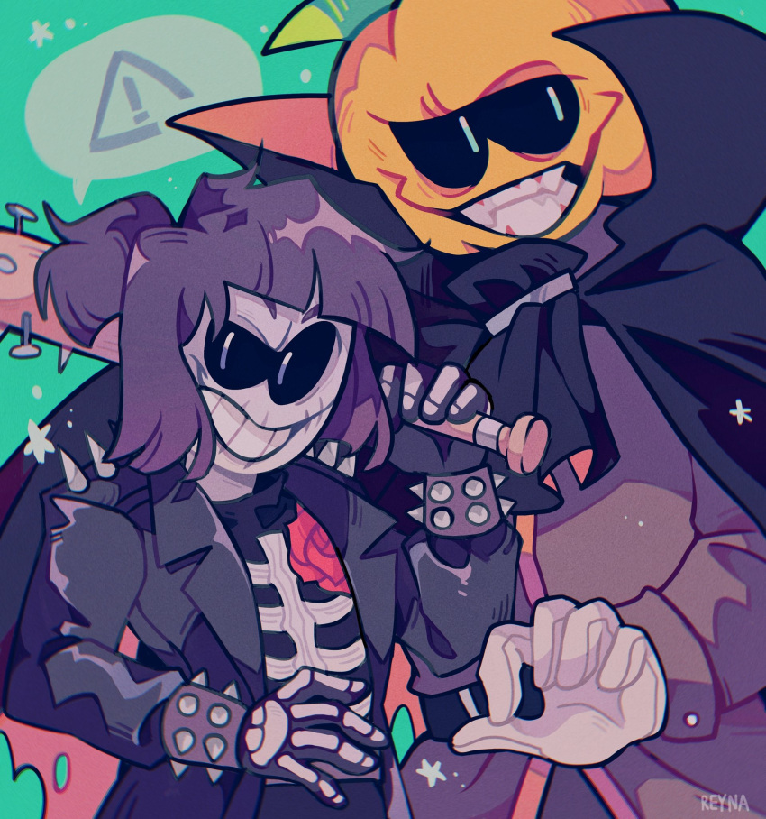 !, 2boys, adult, alternate_design, baseball_bat, bunnydog_(reynarabi), fangs, flower