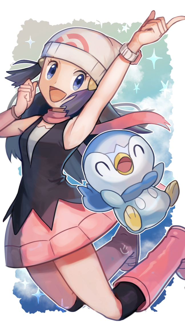 1girl, :d, ^_^, arm_up, beanie, black_legwear, black_shirt, blue_eyes, blue_hair, blue_sky, boots, bracelet, closed_eyes, clouds, hikari_(pokemon), floating_hair, floating_scarf, hair_ornament, hairclip, hat, index_finger_raised, jewelry, jumping, looking_at_viewer, niji_(shihio), pink_footwear, pink_scarf, pink_skirt, piplup, poke_ball_symbol, pokemon, pokemon_(game), pokemon_dppt, poketch, scarf, shirt, skirt, sky, smile, socks, sparkle_background, watch, watch, white_headwear