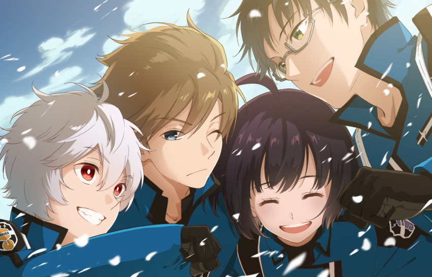 1girl, 3boys, ^_^, ahoge, amatori_chika, black_gloves, black_hair, blue_eyes