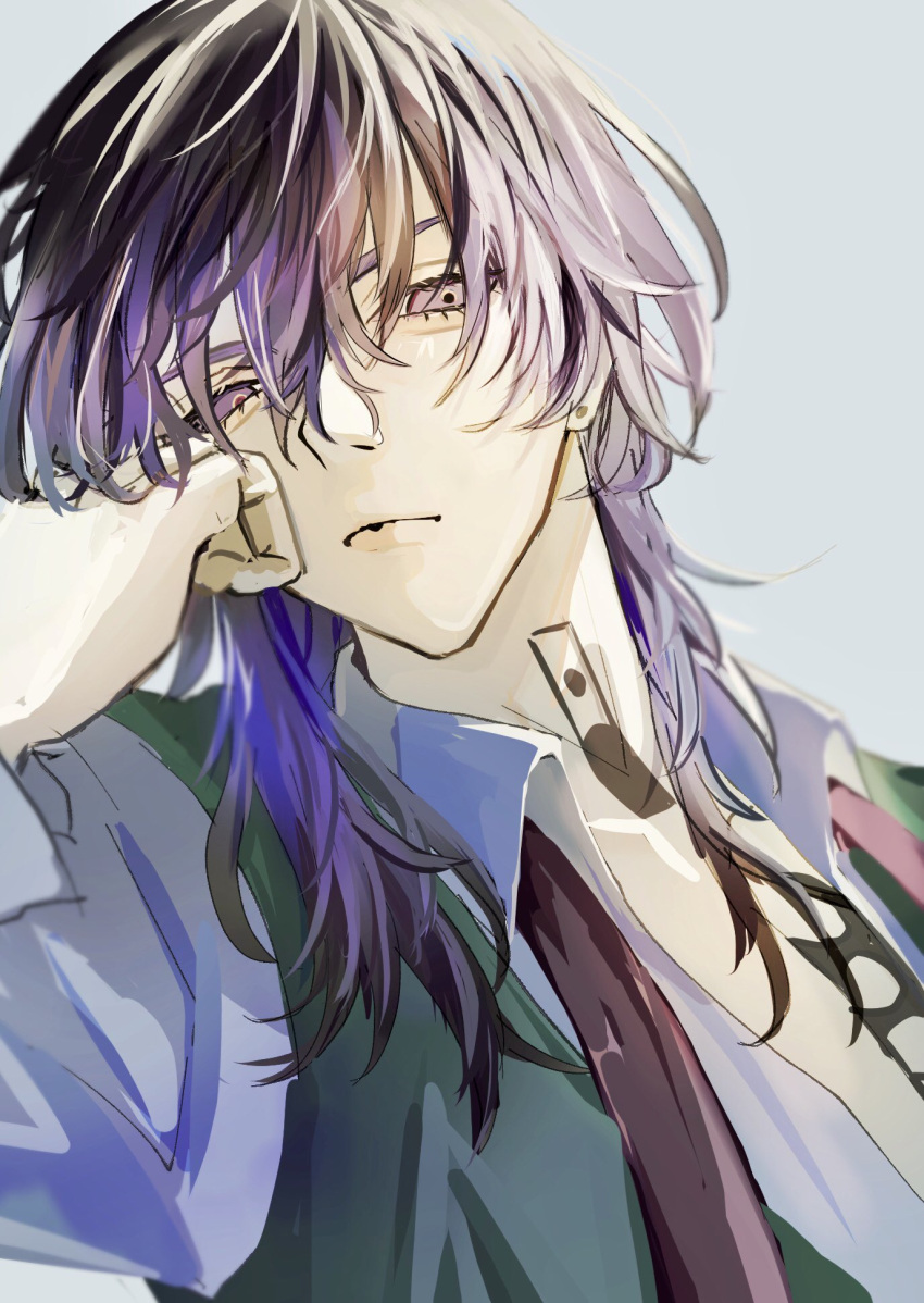 1boy, bangs, black_hair, black_vest, chest_tattoo, closed_mouth, ear_piercing, grey_background