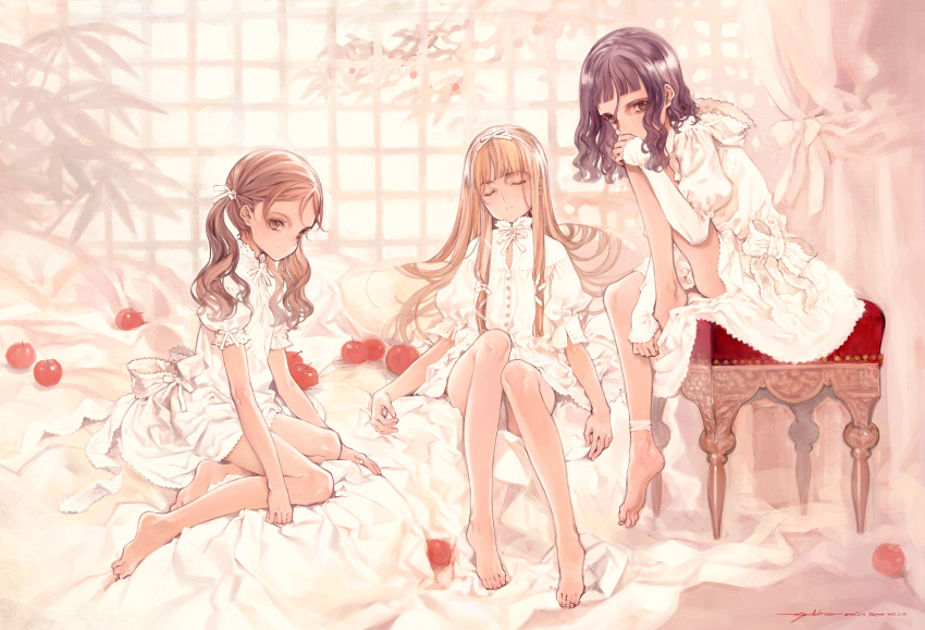 3girls, absurdres, anklet, apple, bangs, barefoot, black_eyes, black_hair