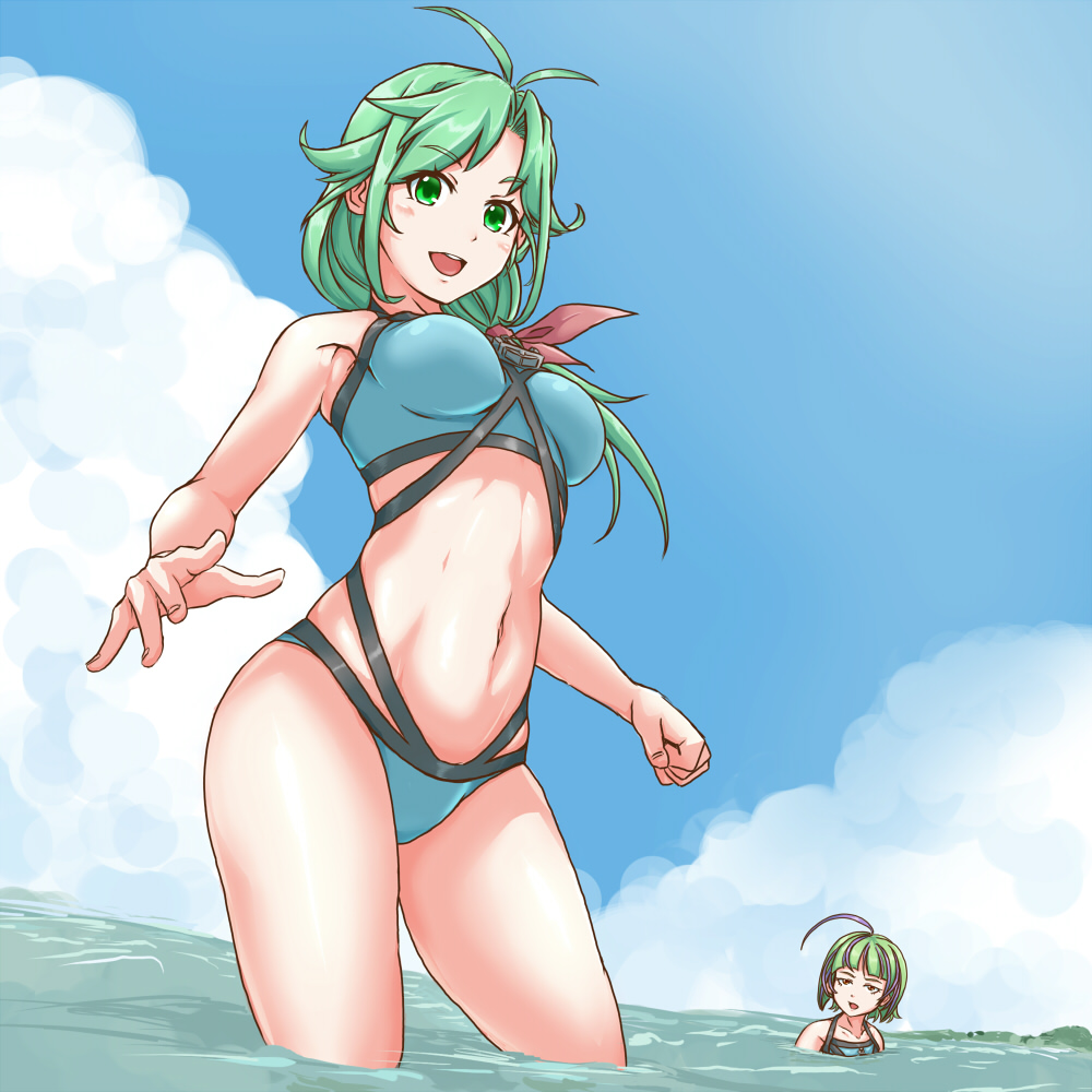 2girls, :d, ahoge, antenna_hair, bangs, bikini, blue_bikini, blue_sky