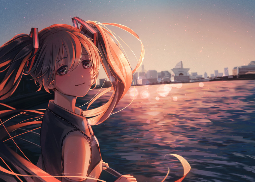 1girl, bangs, blurry, blurry_background, brown_eyes, brown_hair, closed_mouth, collared_shirt, evening, floating_hair, grey_shirt, hair_between_eyes, hatsune_miku, highres, kumano_yume, lens_flare, long_hair, looking_at_viewer, outdoors, shiny, shiny_hair, shirt, sleeveless, sleeveless_shirt, smile, solo, twintails, upper_body, very_long_hair, vocaloid, wing_collar