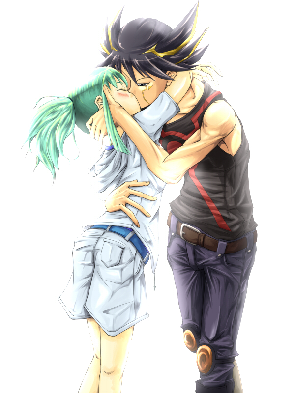 black_hair, blush, fudou_yuusei, green_hair, kiss, leo, lua, multicolored_hair