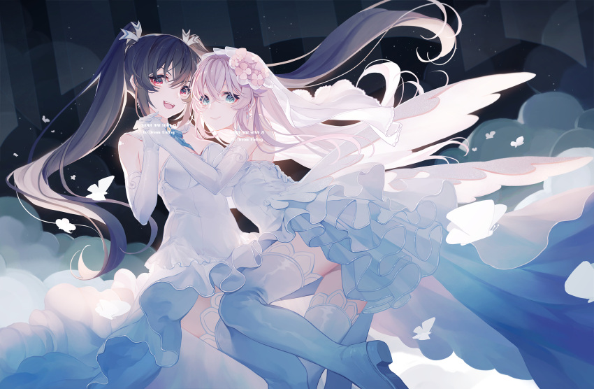 2girls, :d, bangs, black_hair, black_heart, blue_eyes, blue_neckwear, boots
