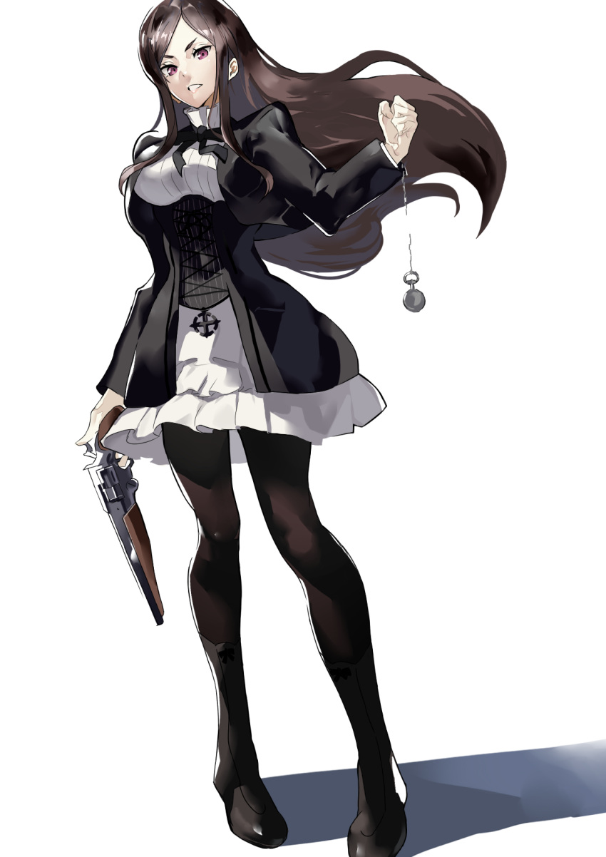 1girl, bangs, black_jacket, black_legwear, black_ribbon, brown_hair, dorothy_(princess_principal), floating_hair