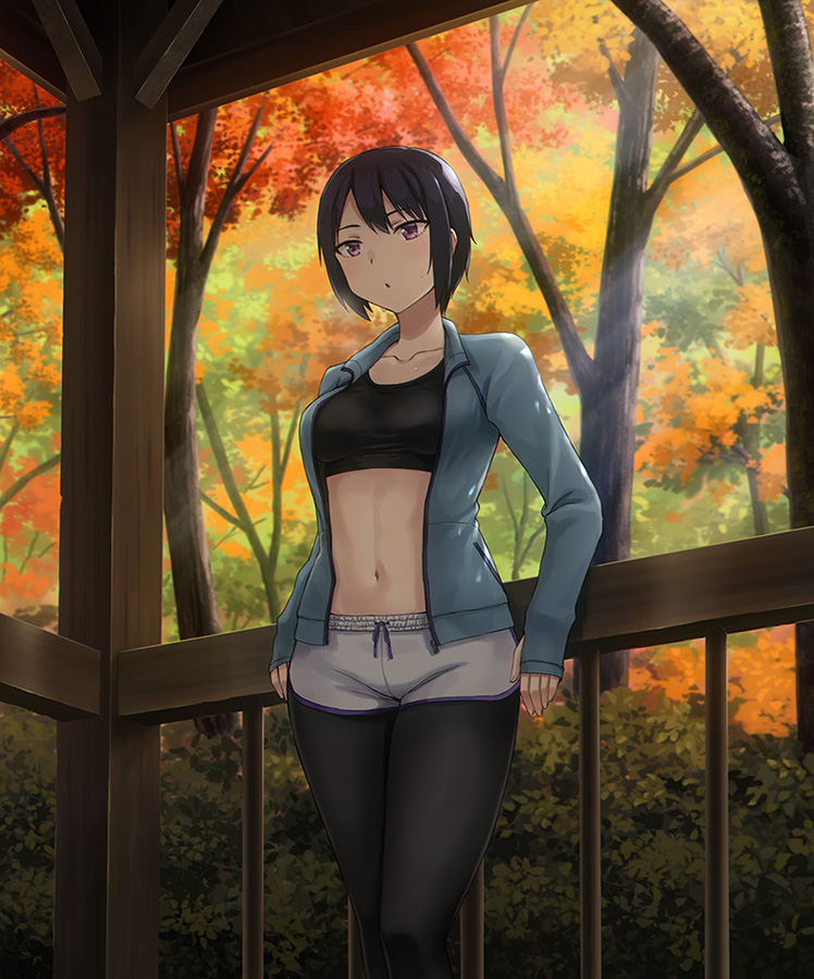 1girl, :o, autumn, bangs, black_hair, black_legwear, black_sports_bra, blue_jacket