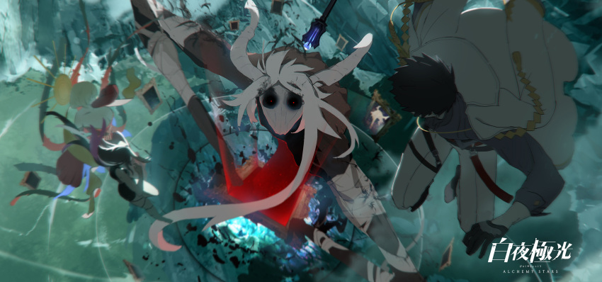 1boy, 2girls, alchemy_stars, bandages, black_gloves, black_hair, blurry, coat, coat_on_shoulders, commentary_request, depth_of_field, floating, floating_hair, gloves, grey_shirt, half_gloves, highres, long_hair, looking_at_viewer, looking_down, mirren_gautier, monster, multiple_girls, official_art, painting_(object), paloma_(alchemy_stars), pants, picture_frame, promotional_art, red_pupils, shirt, short_hair, siirakannu, staff, wayne_pittman, white_coat, white_pants