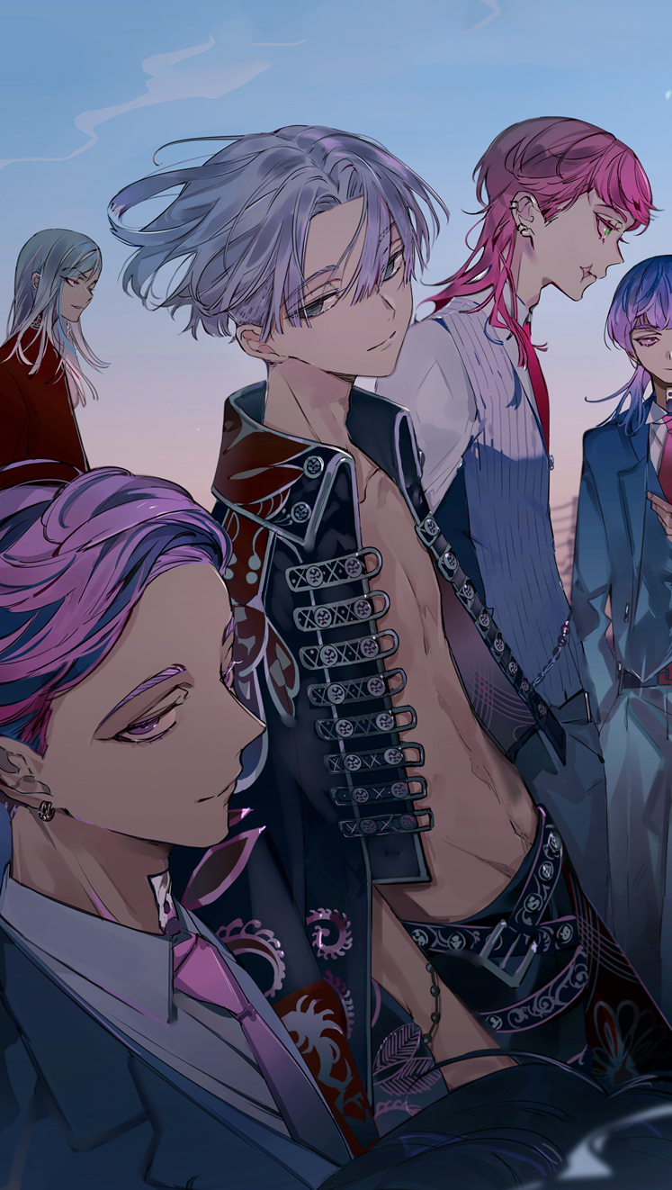 5boys, belt, black_belt, black_eyes, black_jacket, black_pants, black_vest, closed_mouth, collared_shirt, cowboy_shot, day, dress_shirt, earrings, empty_eyes, formal, green_eyes, haitani_ran, haitani_rindou, highres, jacket, jewelry, kokonoi_hajime, long_hair, looking_at_viewer, male_focus, multicolored_hair, multiple_boys, necktie, open_clothes, open_jacket, outdoors, pants, pink_hair, pink_neckwear, profile, purple_hair, purple_vest, red_jacket, sano_manjirou, sanzu_haruchiyo, scar, scar_on_face, shirt, short_hair, smile, standing, suou, tokyo_revengers, two-tone_hair, upper_body, vest, violet_eyes, white_hair, white_shirt