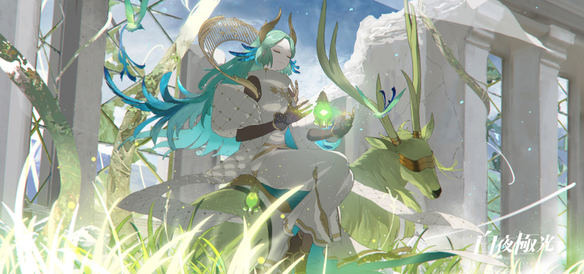 1girl, alchemy_stars, bird, black_gloves, closed_eyes, commentary_request, copyright_name, deer, dress, fingerless_gloves, full_body, gloves, grass, green_hair, highres, horns, long_dress, long_hair, long_sleeves, naroxel_(alchemy_stars), official_art, plant, promotional_art, ruins, saddle, shawl, siirakannu, sitting, sitting_on_animal, solo, vines, white_dress