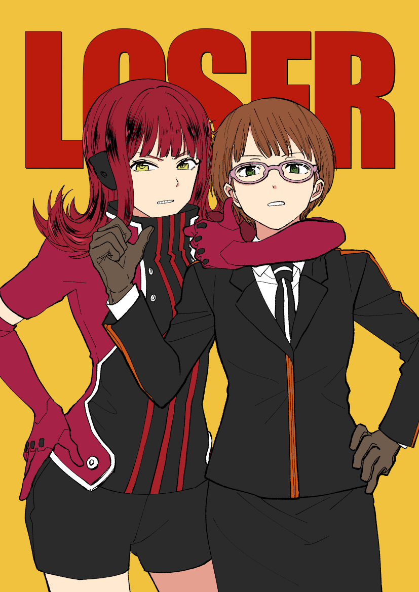 2girls, black_gloves, black_hair, black_jacket, black_neckwear, black_shorts, black_skirt, bob_cut