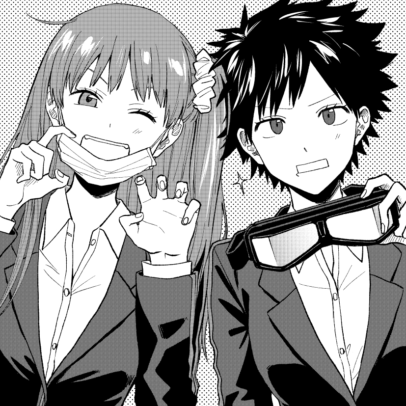 2girls, bangs, collared_shirt, dress_shirt, goggles, greyscale, hands_up, holding