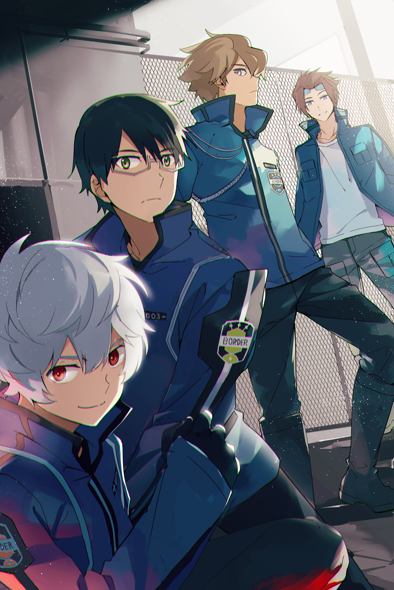 4boys, bangs, black_footwear, black_gloves, black_hair, black_pants, blue_jacket, boots