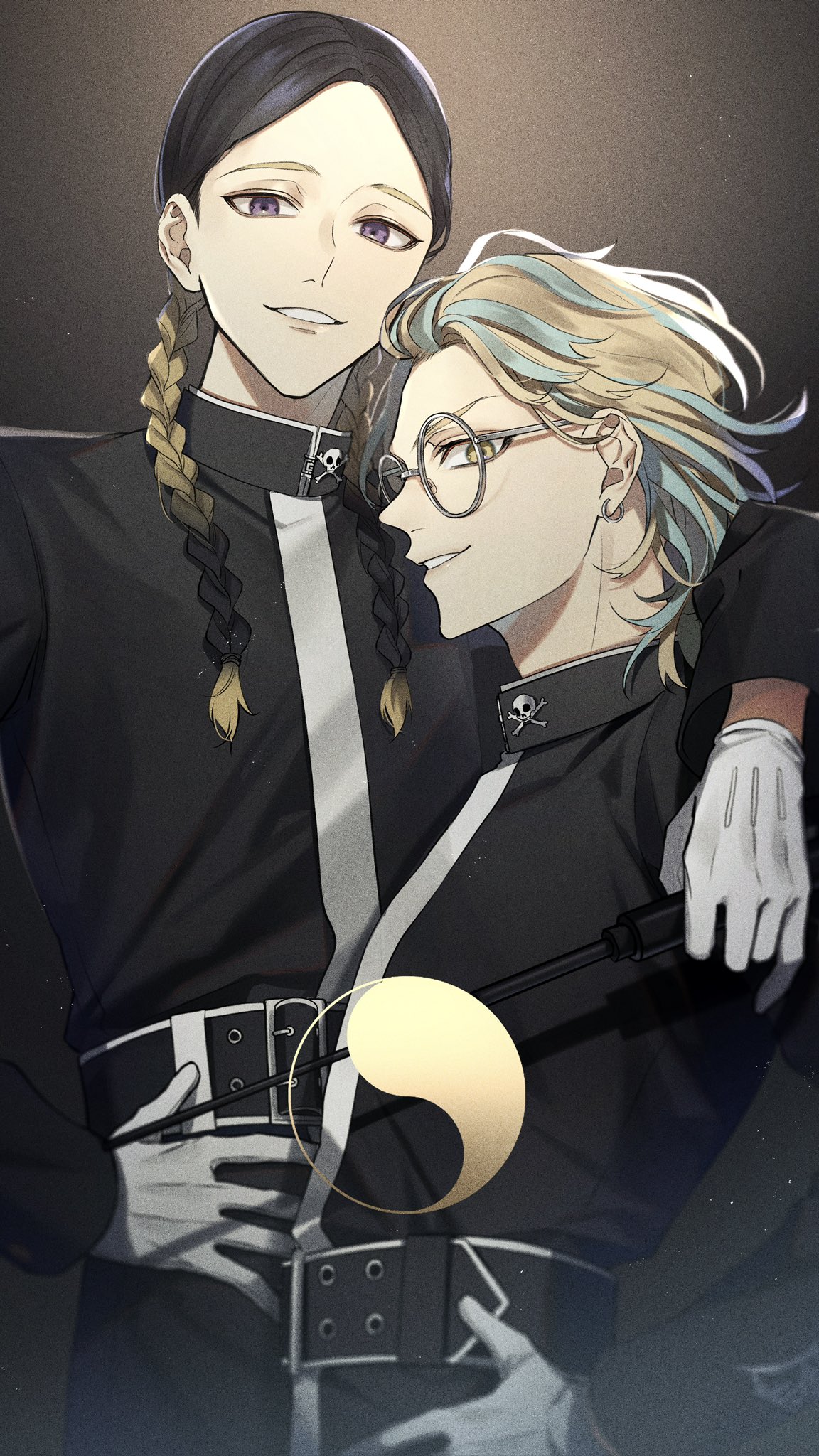2boys, arm_around_shoulder, bangs, baton_(weapon), black_background, black_coat, black_hair, blonde_hair