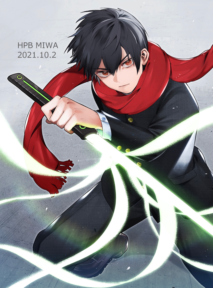 1boy, absurdres, bangs, black_footwear, black_hair, black_jacket, black_pants, blazer, brown_eyes, closed_mouth, dated, fighting_stance, grey_background, hair_between_eyes, happy_birthday, highres, holding, holding_sword, holding_weapon, jacket, long_sleeves, looking_at_viewer, male_focus, miwa_shuuji, pants, pbn_(user_cdey3224), red_scarf, reverse_grip, scarf, school_uniform, shoes, short_hair, sword, weapon, world_trigger