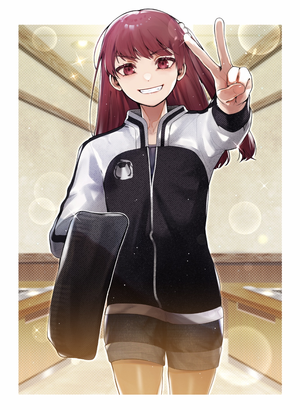 1girl, black_jacket, black_shorts, border, cowboy_shot, grin, hand_up, highres, holding, indoors, jacket, long_hair, long_sleeves, looking_at_viewer, multicolored, multicolored_clothes, multicolored_jacket, nire_hikari, pbn_(user_cdey3224), red_eyes, redhead, scrunchie, short_shorts, shorts, side_ponytail, smile, solo, sparkle, two-tone_jacket, v, white_border, white_jacket, world_trigger