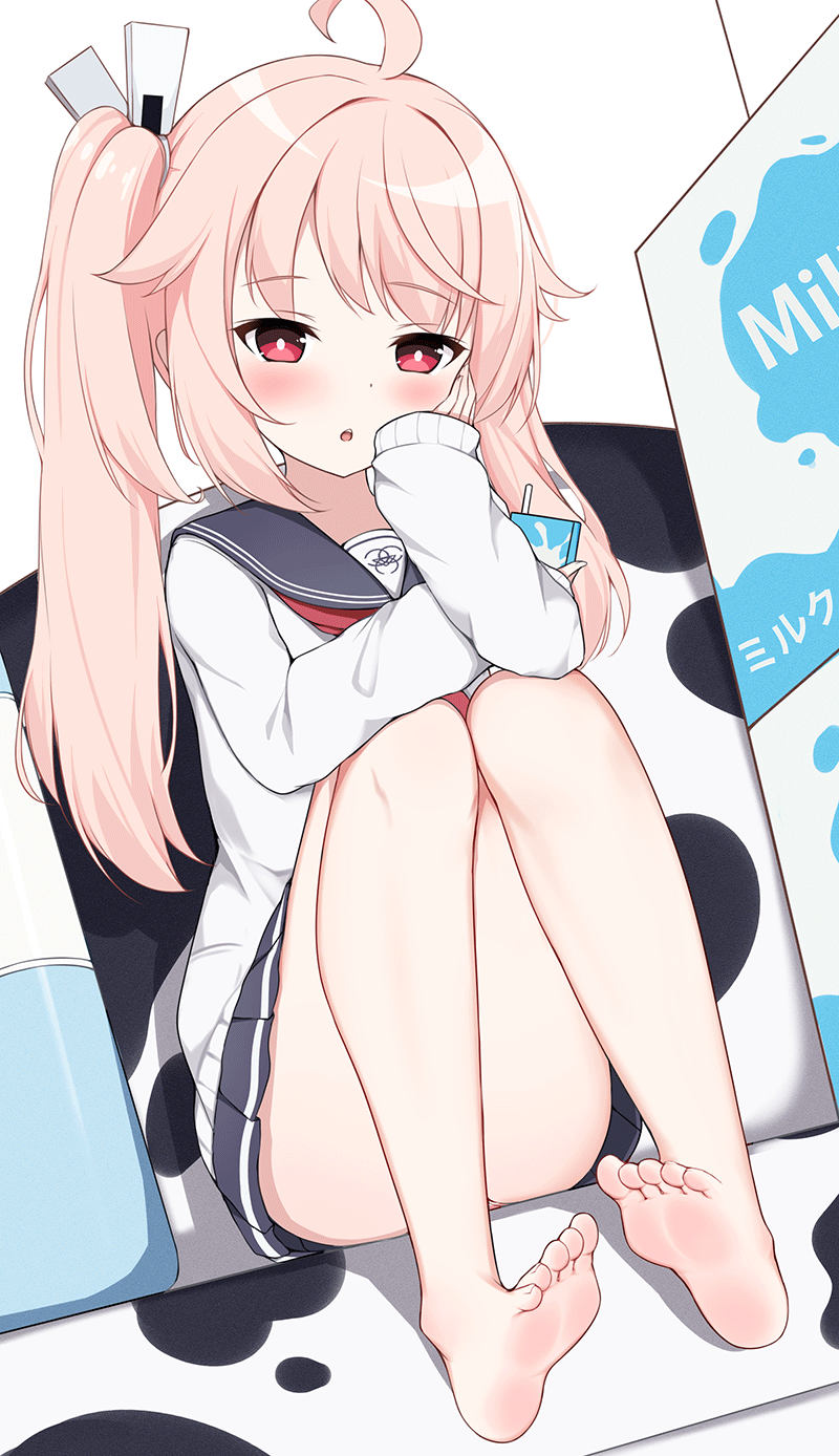 1girl, bangs, bare_legs, barefoot, blue_archive, blue_sailor_collar, blue_skirt, blush