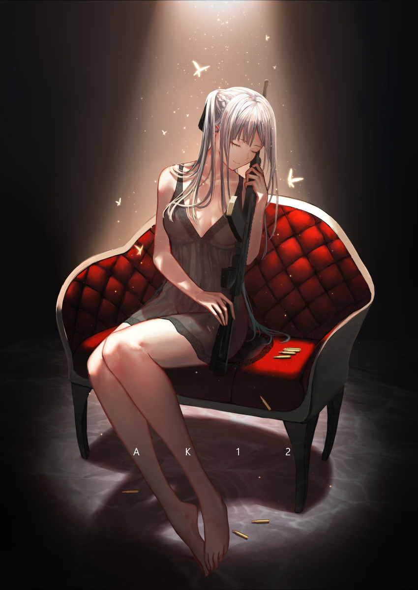 1girl, absurdres, ak-12, ak-12_(girls'_frontline), barefoot, black_chemise, breasts, bullet