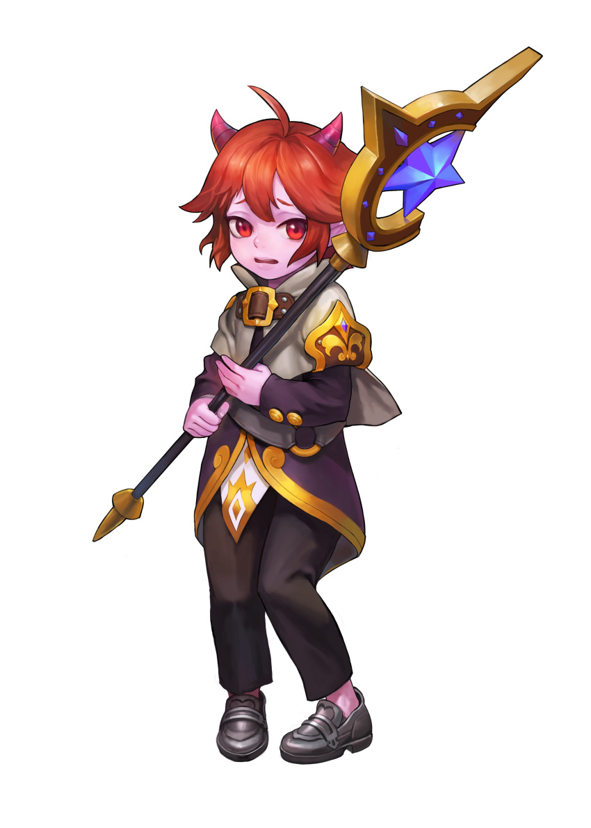 1boy, absurdres, ahoge, brown_pants, coat, colored_skin, demon_boy, full_body, game_cg, guardian_tales, highres, holding, holding_stick, holding_weapon, horns, official_art, open_mouth, orange_hair, pants, purple_skin, red_eyes, shoes, short_hair, standing, stick, transparent_background, twin_healer_favi, weapon