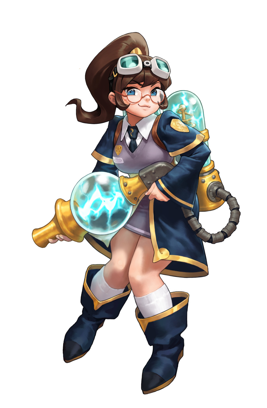 1girl, absurdres, blue_coat, blue_eyes, blue_footwear, brown_hair, coat, electricity, eyewear_on_head, full_body, game_cg, glasses, guardian_tales, gun, highres, holding, holding_weapon, looking_at_viewer, official_art, ponytail, scientist_sohee, smile, standing, transparent_background, weapon, white_legwear