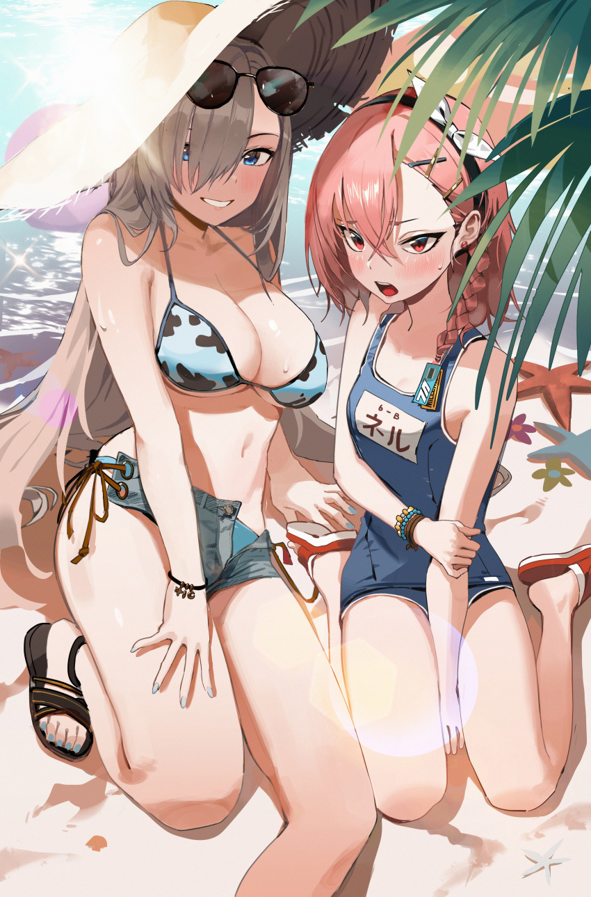 2girls, absurdres, aqua_nails, asuna_(blue_archive), bikini, black_footwear, black_hairband, blue_archive