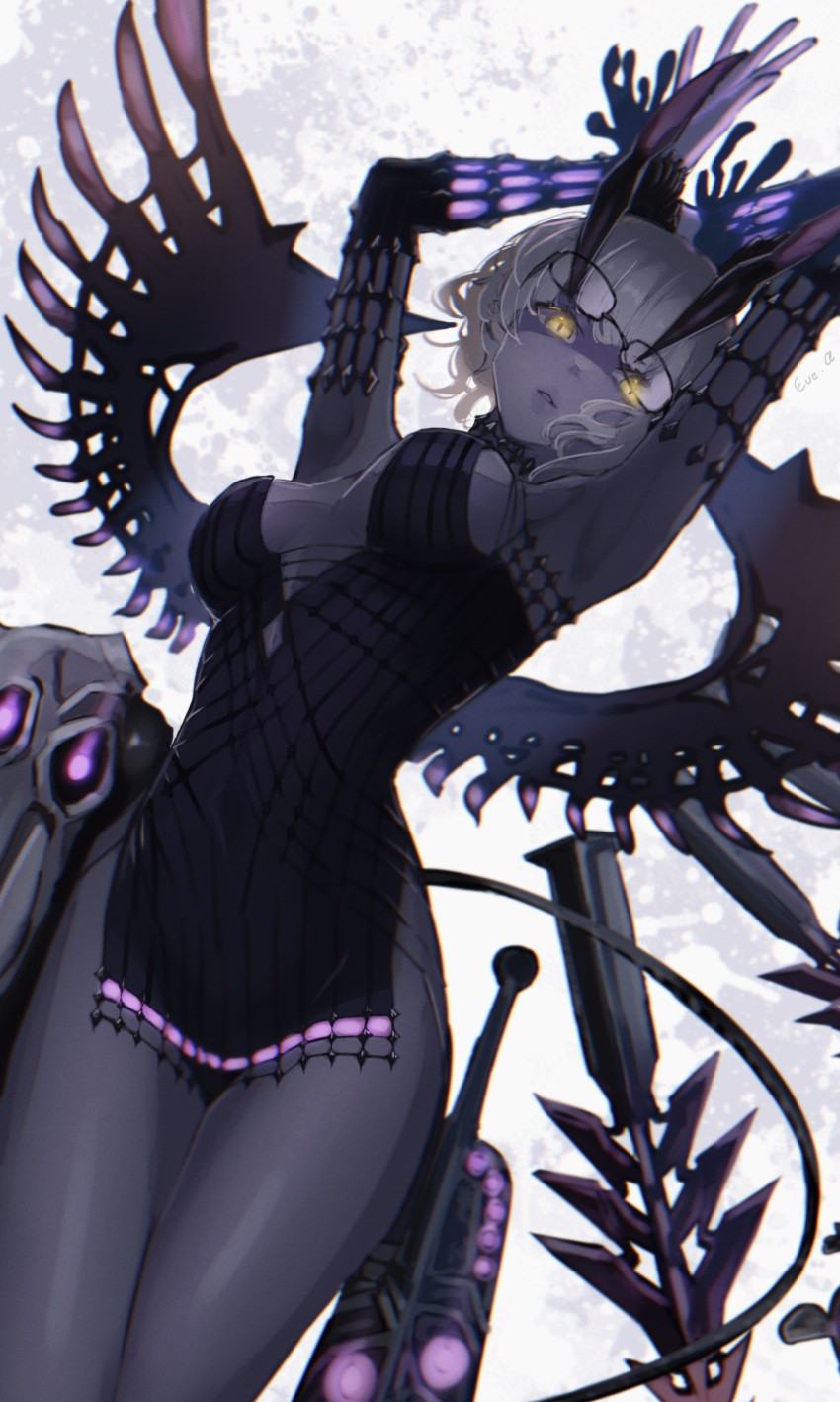 1girl, absurdres, animal_skull, arms_up, black_dress, colored_skin, dress, elbow_gloves