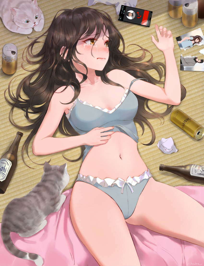 1girl, absurdres, animal, artist_name, bangs, bare_arms, bare_shoulders, beer_bottle, beer_can, blush, breasts, broken_photo, brown_hair, camisole, can, cat, cellphone, chowbie, closed_mouth, commentary, crying, crying_with_eyes_open, drunk, english_commentary, eyebrows_visible_through_hair, frilled_panties, frills, frown, grey_panties, hands_on_own_stomach, highres, indoors, long_hair, lying, navel, nose_blush, on_back, on_floor, orange_eyes, original, panties, phone, photo_(object), small_breasts, smartphone, stomach, strap_slip, tatami, tears, thighs, underwear, underwear_only