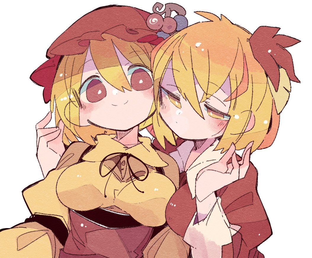 2girls, aki_minoriko, aki_shizuha, bangs, blonde_hair, breasts, closed_mouth, eyebrows_visible_through_hair