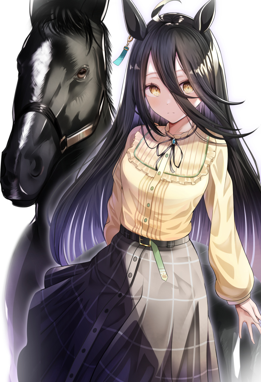 1girl, absurdres, ahoge, alternate_costume, animal, animal_ears, belt, belt_buckle, black_hair, black_neckwear, black_ribbon, black_skirt, blush, buckle, casual, closed_mouth, ear_piercing, frilled_shirt_collar, frills, gradient_hair, hair_between_eyes, highres, horse, horse_ears, impossible_clothes, kaku_yone, long_hair, long_sleeves, manhattan_cafe_(racehorse), manhattan_cafe_(umamusume), medium_skirt, multicolored_hair, neck_ribbon, piercing, purple_hair, ribbon, shirt, skirt, solo, straight_hair, umamusume, very_long_hair, white_background, yellow_eyes, yellow_shirt