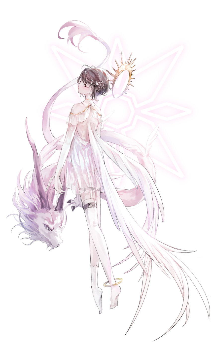 1girl, absurdres, angel_wings, bare_shoulders, closed_eyes, closed_mouth, digimon, dragon, elbow_gloves, feet, floating, full_body, gloves, hair_ornament, halo, highres, holydramon, jewelry, layla_836829767, legs_apart, no_shoes, simple_background, single_sock, single_thighhigh, skirt, socks, solo, thigh-highs, thigh_strap, white_background, white_gloves, white_skirt, wings, yagami_hikari
