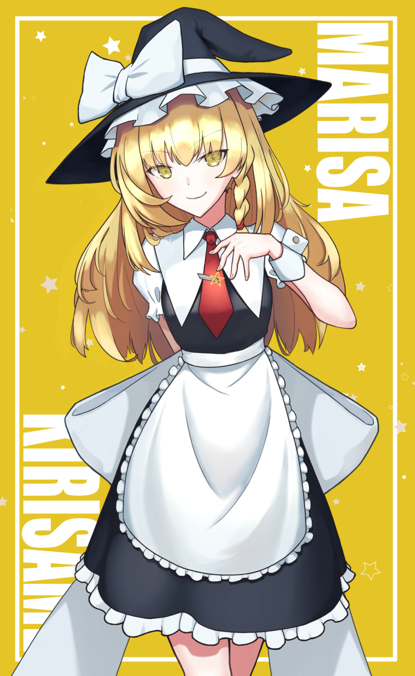 1girl, apron, arm_behind_back, back_bow, bangs, black_skirt, black_vest, blonde_hair, blush, bow, braid, breasts, character_name, collared_shirt, english_text, eyebrows_visible_through_hair, frilled_apron, frilled_skirt, frills, hand_on_own_chest, hat, hat_ribbon, highres, kirisame_marisa, long_hair, long_sleeves, looking_at_viewer, medium_breasts, necktie, puffy_short_sleeves, puffy_sleeves, red_neckwear, ribbon, shirt, shiu_29, short_sleeves, single_braid, skirt, smile, solo, standing, touhou, vest, waist_apron, white_apron, white_bow, white_ribbon, white_shirt, wing_collar, witch_hat, wrist_cuffs, yellow_background, yellow_eyes