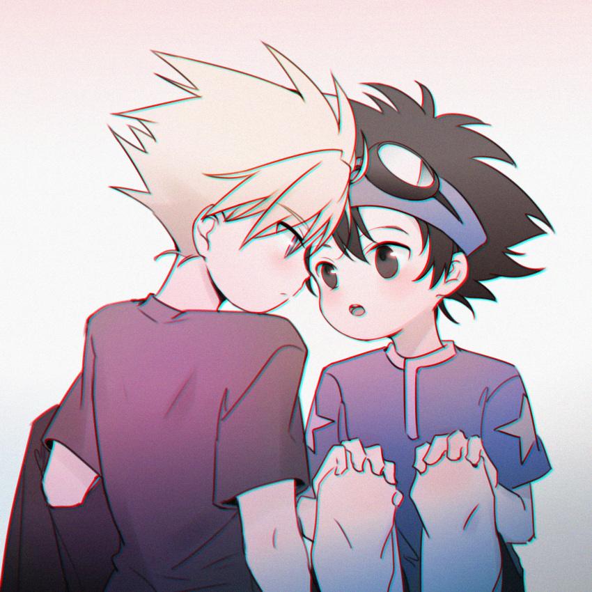2boys, :o, absurdres, blonde_hair, blue_eyes, brown_hair, child, chinese_commentary, closed_mouth, digimon, expressionless, eyebrows_visible_through_hair, eyes_visible_through_hair, goggles, goggles_on_head, gradient, gradient_background, hair_between_eyes, hands_on_own_knees, highres, ishida_yamato, layla_836829767, multiple_boys, open_clothes, short_hair, short_sleeves, simple_background, star_(symbol), star_print, upper_body, yagami_taichi