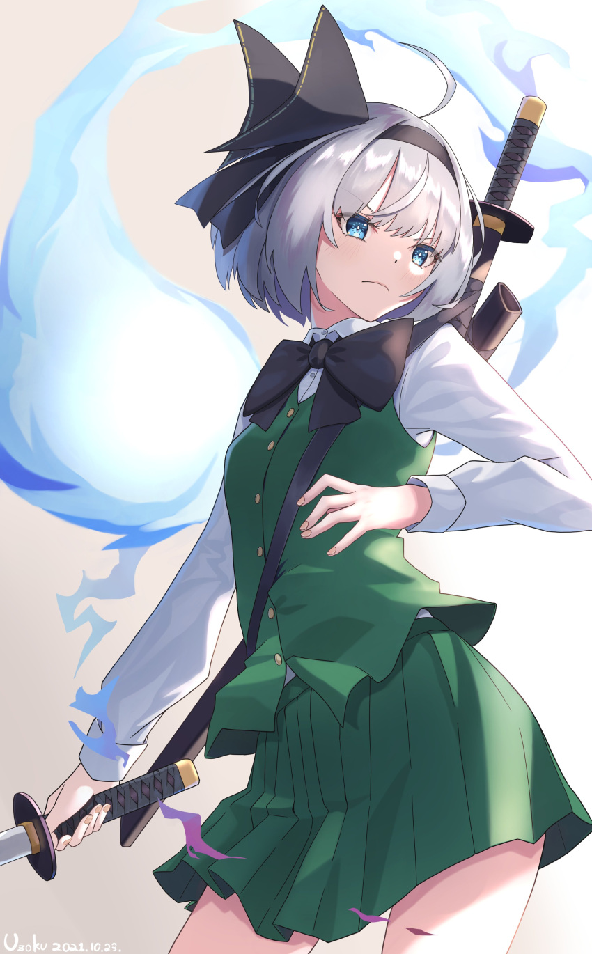 1girl, absurdres, ahoge, black_hairband, black_neckwear, breasts, closed_mouth, collared_shirt, commentary_request, dated, fingernails, from_below, frown, gradient, gradient_background, green_eyes, green_skirt, green_vest, grey_background, hairband, highres, katana, konpaku_youmu, konpaku_youmu_(ghost), long_sleeves, looking_to_the_side, medium_breasts, scabbard, serious, sheath, shirt, shiu_29, short_hair, silver_hair, simple_background, skirt, solo, standing, sword, thighs, touhou, v-shaped_eyebrows, vest, weapon, white_background, white_shirt, wing_collar, wrist_cuffs