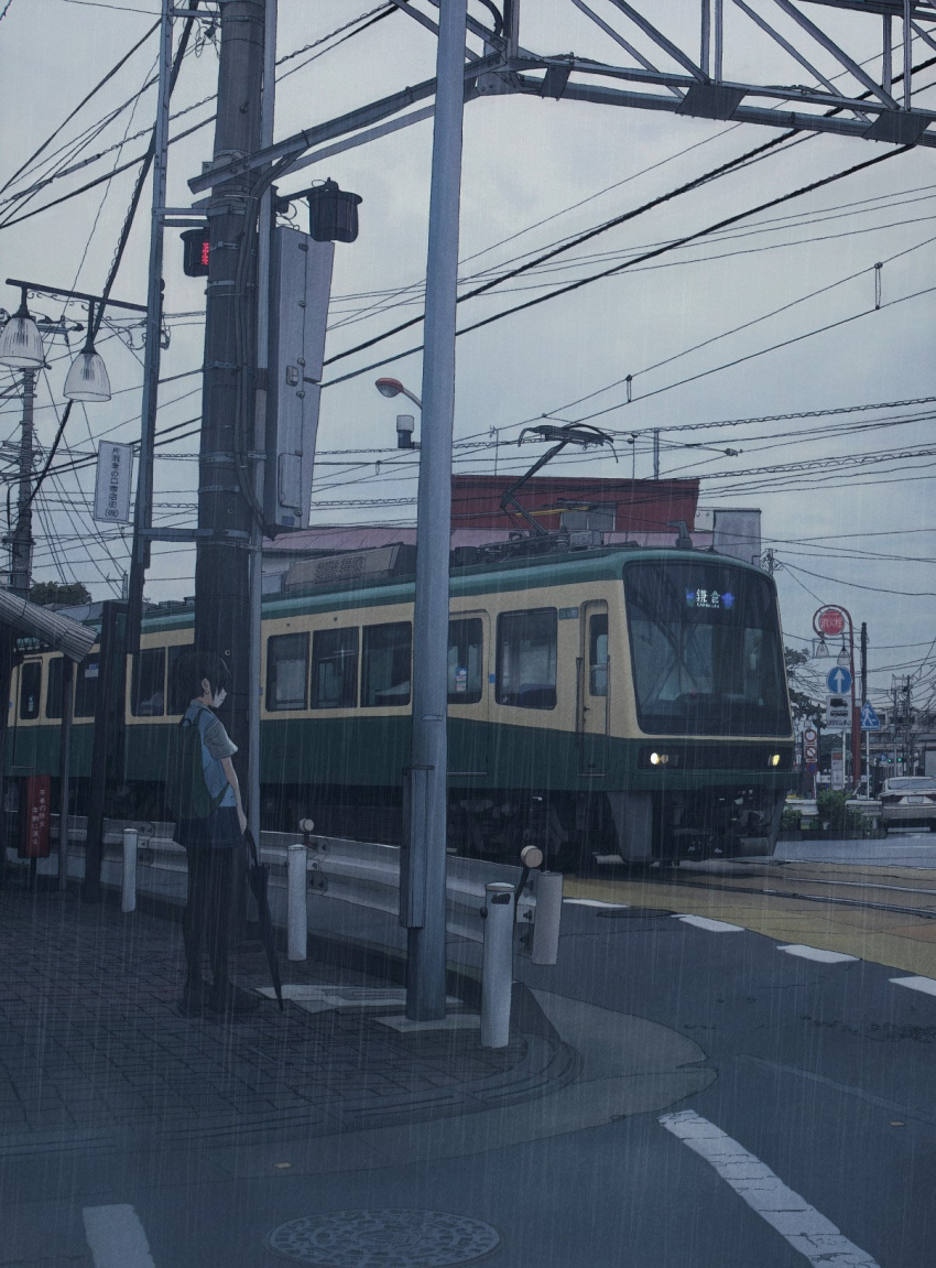 1girl, backpack, bag, black_hair, city, closed_umbrella, enoshima_electric_railway, ground_vehicle