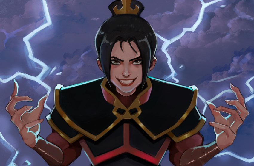 1girl, :d, armor, avatar:_the_last_airbender, avatar_legends, azula, black_hair, clouds