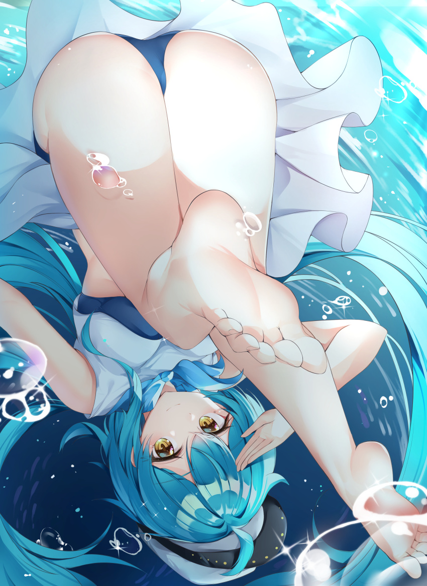 1girl, absurdres, ahoge, air_bubble, ass, barefoot, blue_hair, bubble