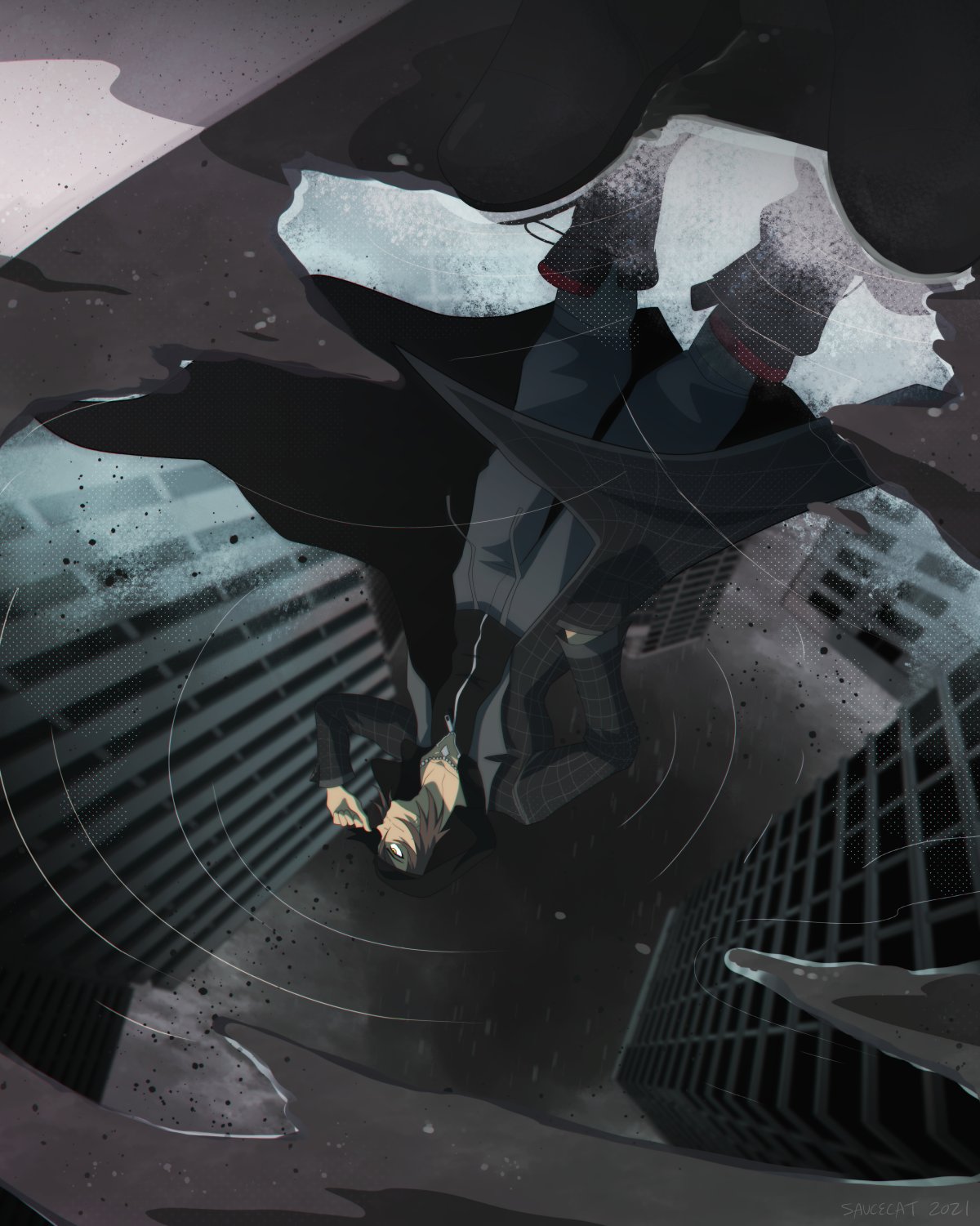 1boy, black_coat, black_footwear, black_shirt, building, coat, grey_sky, hand_in_pocket